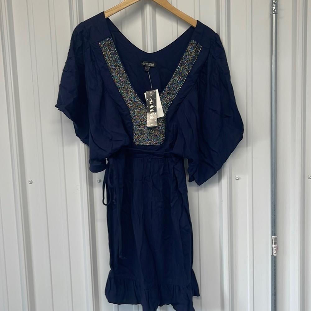 As You Wish Blue Beaded dress new Batwing Navy Blue
